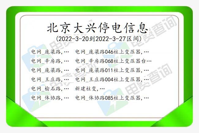 北京大兴2022-3-20到2022-3-27停电区域及时间