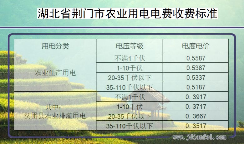 湖北省荆门市农业生产多少钱一度